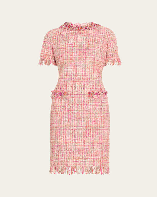Fringe-Trim Beaded Tweed Midi Dress